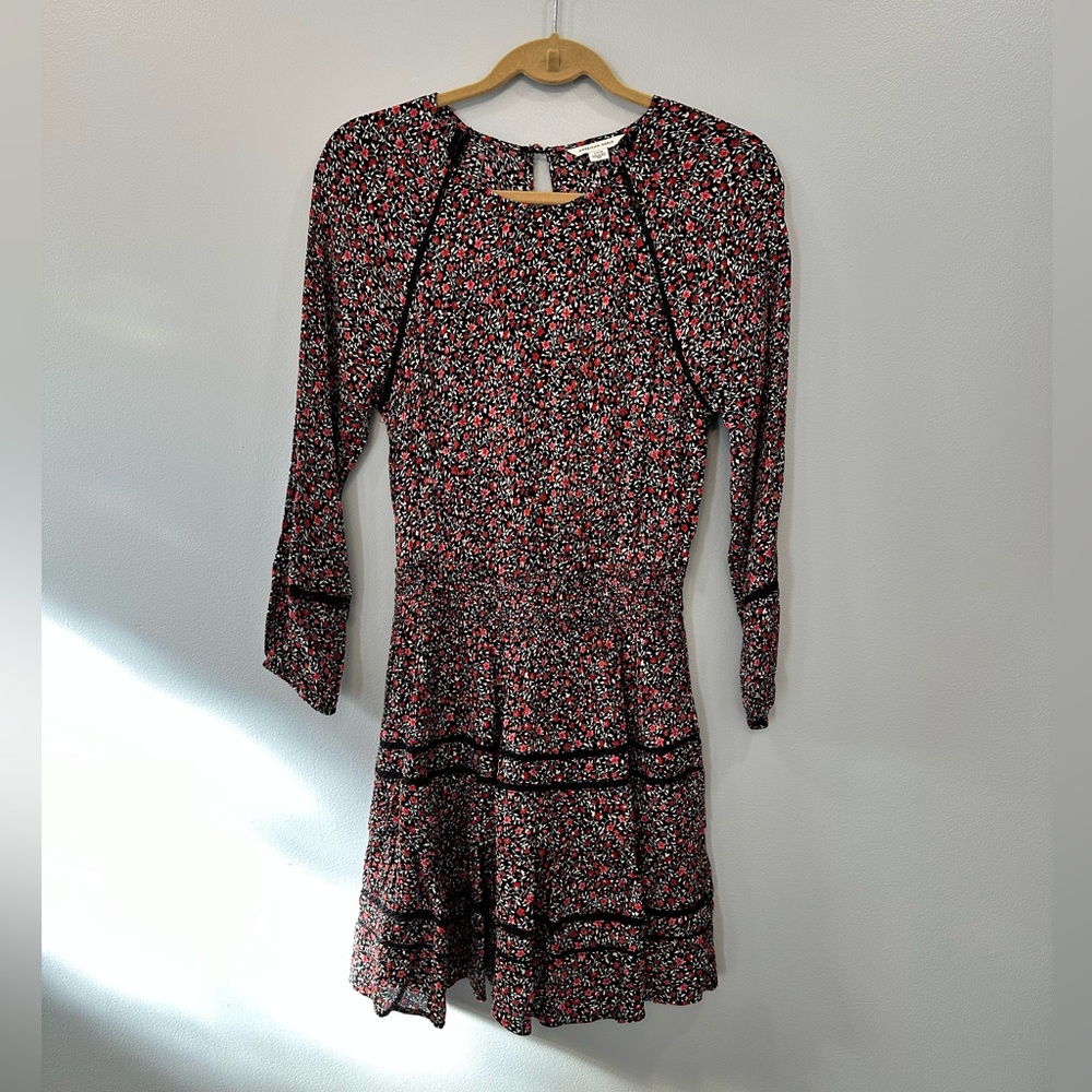 American Eagle Womens Sz S Black Floral Print Mini Dress Long Sleeve